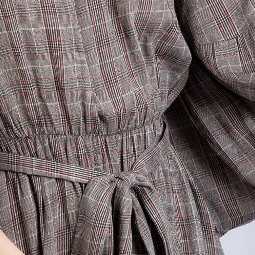 Flirty Gray Plaid Off-the-Shoulder Romper Jumpsuit - Picture 7 of 16